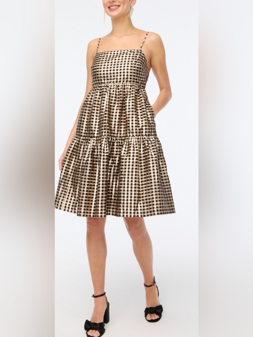 J. Crew Gingham Tiered Gold/Black Metallic Sundress size 4 # 1160